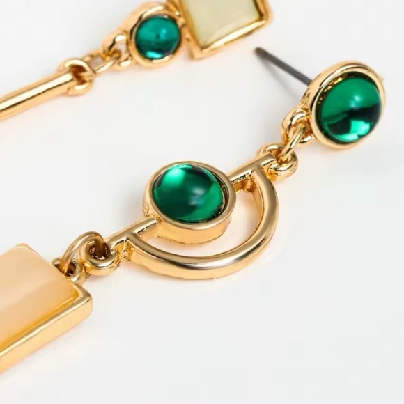 Gold Green Asymmetrical Geometric Earrings - Picture 7 of 13